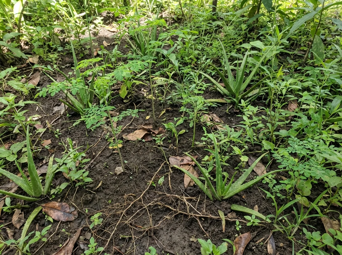 The food forest at Casa Arkaana — turmeric, moringa, aloe and more