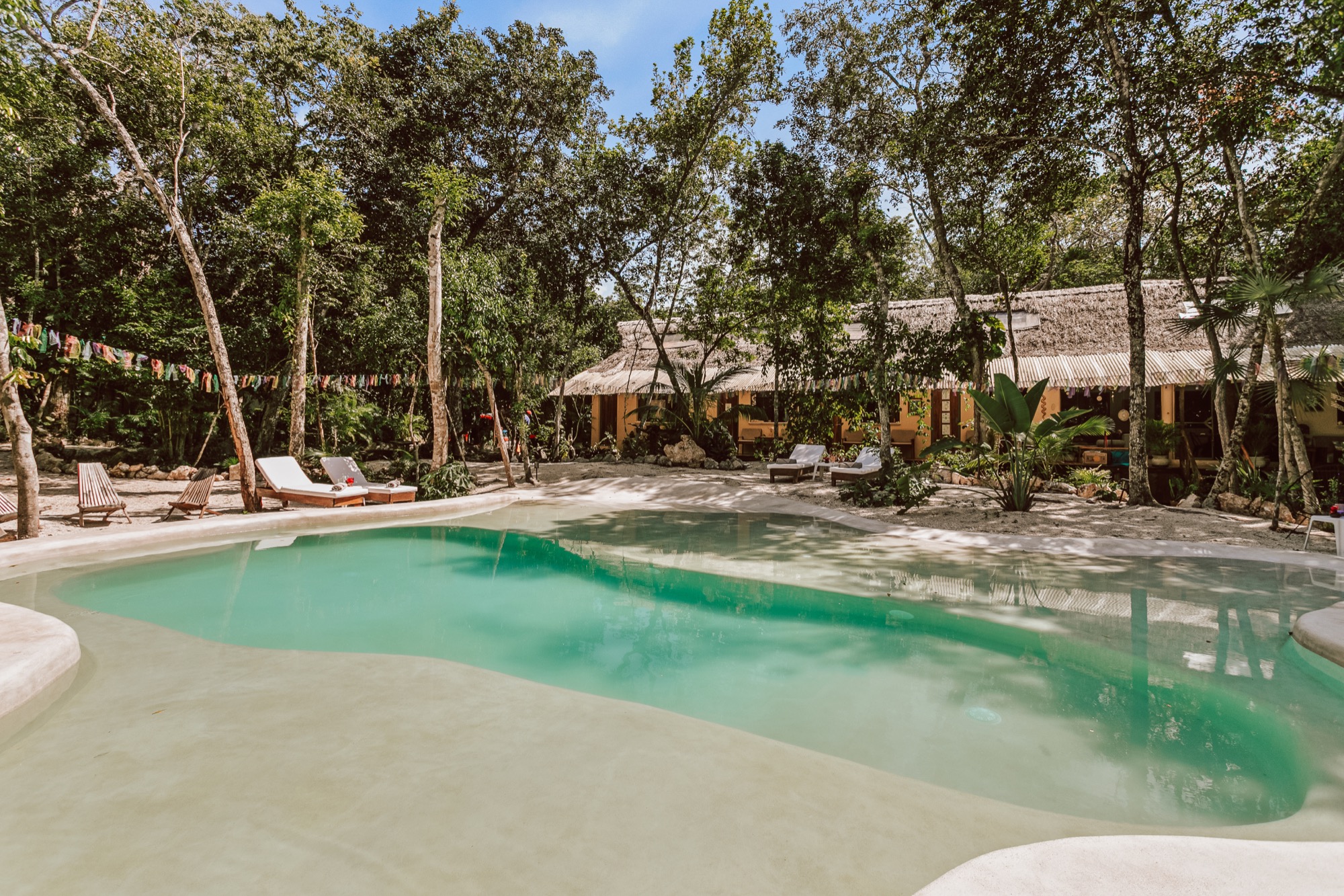 Ground-level view of the cenote pool with turquoise water and jungle at Casa Arkaana